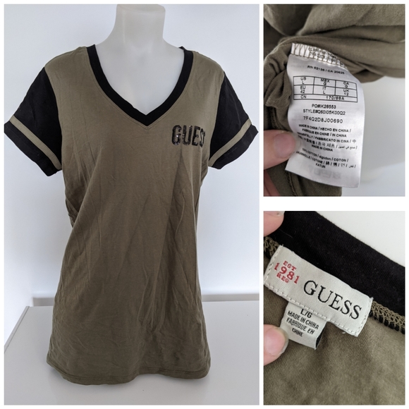 Guess Baseball V Style Khaki Short Sleeve Top Sz L - Picture 2 of 2
